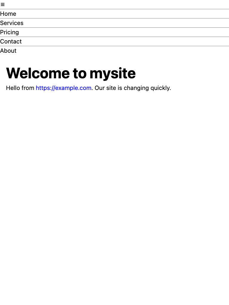 Screenshot of the PocoCMS Base theme with burger menu clicked