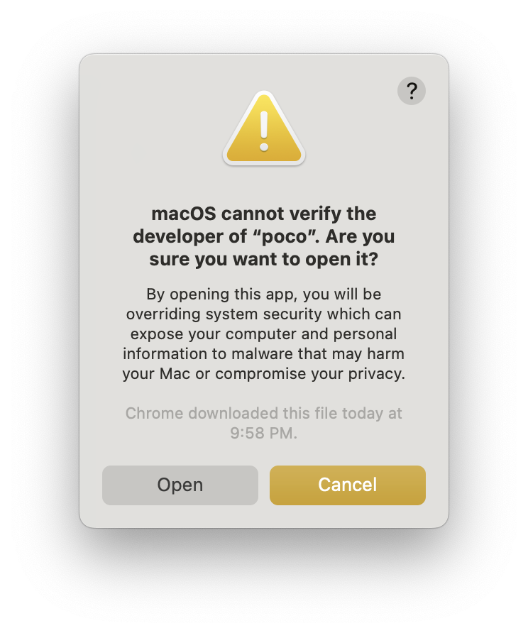 Screenshot of MacOS cannot verify dialog