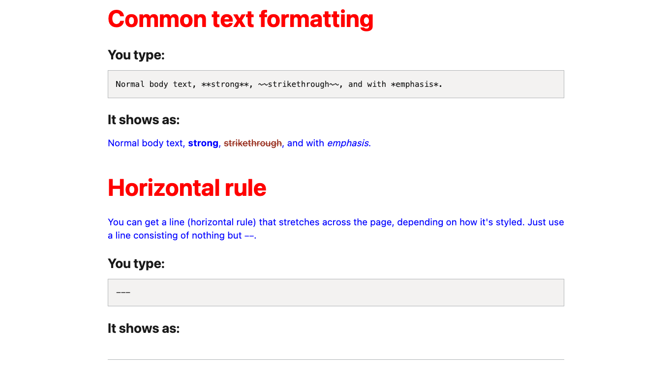Screenshot of page after updating to red h2s and blue body text
